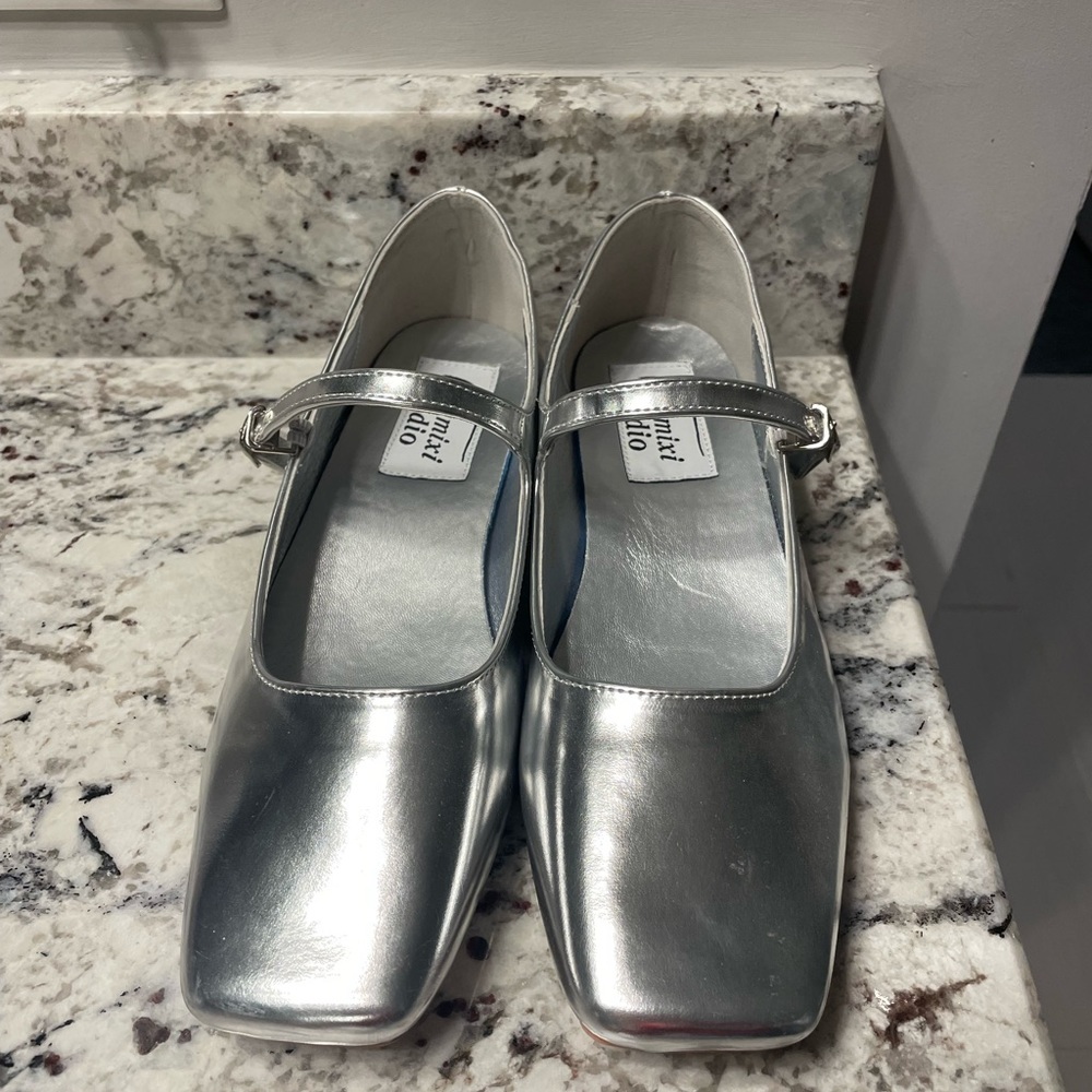 Silver Square Toe Mary Jane Flats NWOT